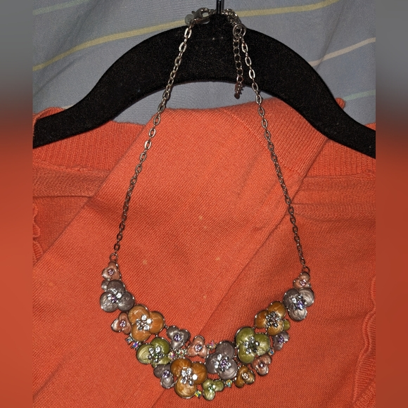New York & Company Chunky Metal Bib Necklace with Rhinestones and Flowers - Picture 3 of 7